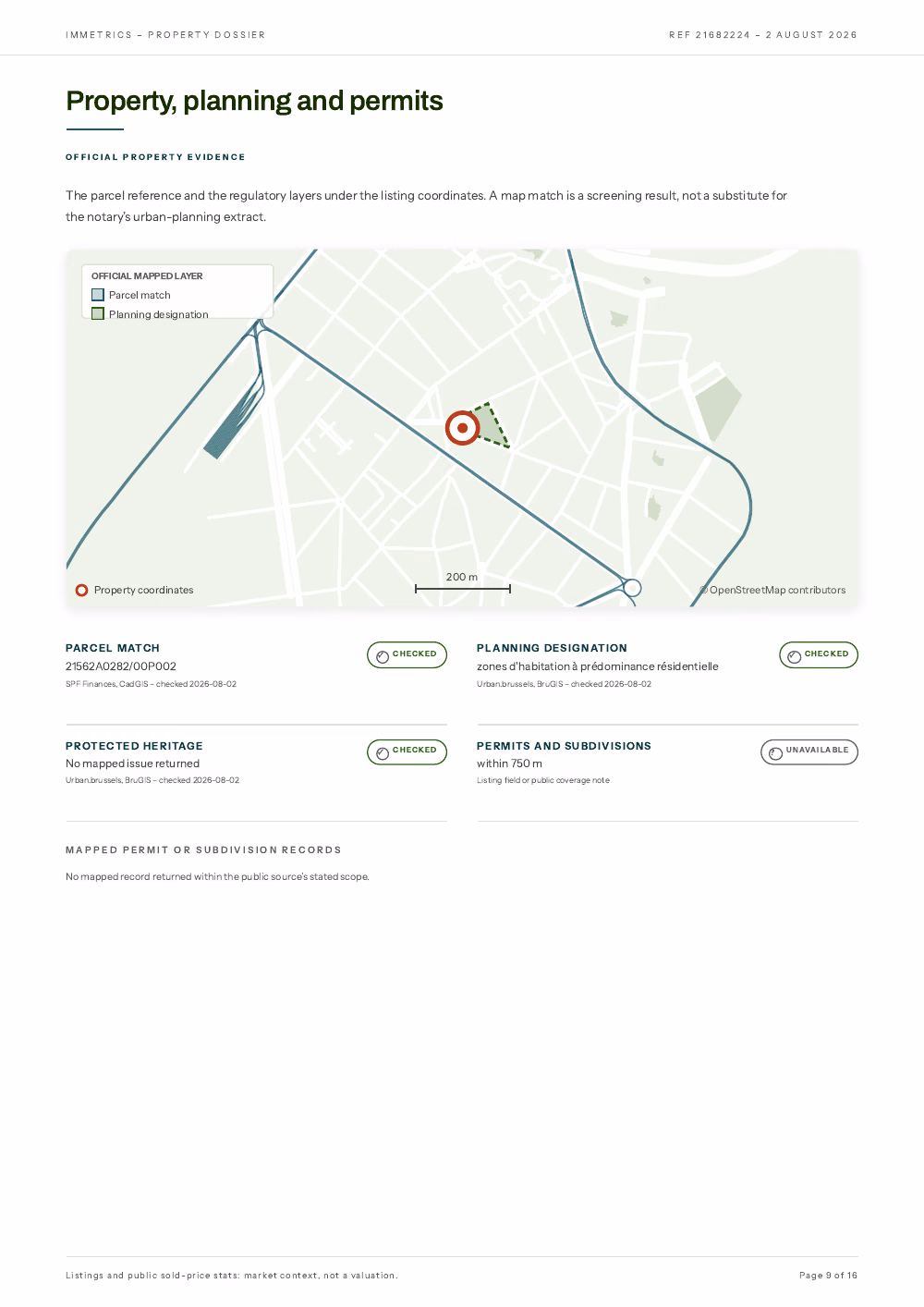 Report page with an address-level parcel and planning map
